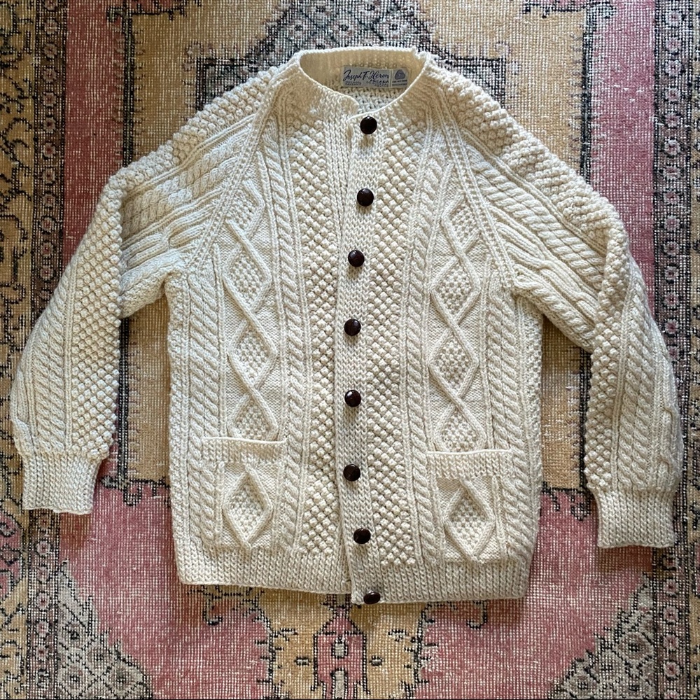 60/70s Vintage Wool Cableknit Fisherman’s Sweater Cardigan Ireland Ivory chunky